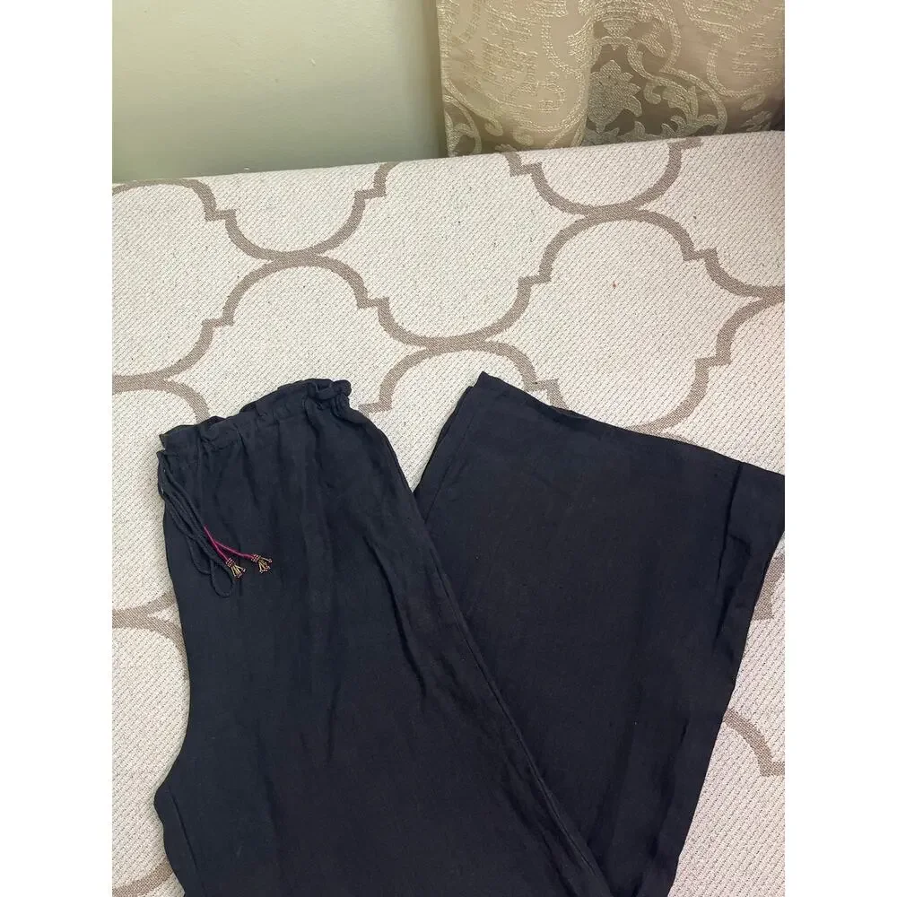 Zara black, high-waisted linen wide-leg pull on pants, tassels, size medium